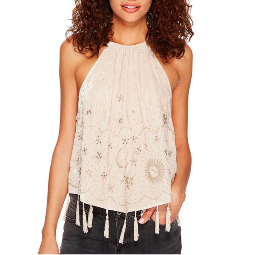 Free People Cream Embroidered Halter Tank Top with Tassels